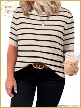 Plus Size Striped Pullover Sweater Short Sleeve Crewneck Knit Top